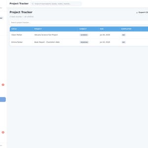 May include: A digital Project Tracker interface titled Little Stars Planner featuring a sidebar with navigation links and a main table displaying child names, project titles, subjects, due dates, and completion status for school assignments.