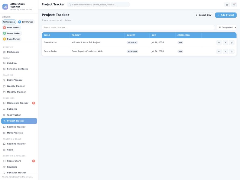May include: A digital Project Tracker interface titled Little Stars Planner featuring a sidebar with navigation links and a main table displaying child names, project titles, subjects, due dates, and completion status for school assignments.