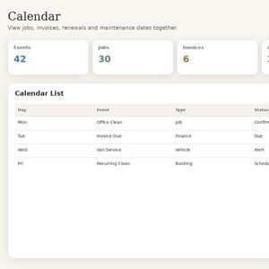 May include: A CleanSuite management platform dashboard interface displaying a calendar view. The sidebar lists navigation options like Executive Dashboard, Client CRM, and Invoices. The main area shows summary cards for Events, Jobs, Invoices, and Alerts.