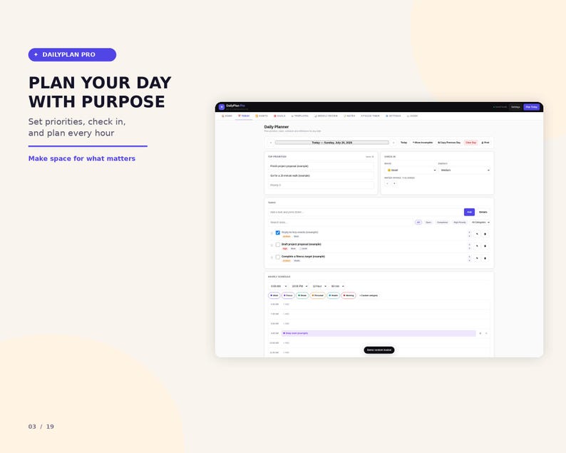 K&ouml;nnte beinhalten: Eine digitale Tagesplaner-Oberfl&auml;che namens DailyPlan Pro mit Bereichen f&uuml;r Priorit&auml;ten, Aufgaben und einen Stundenplan. Der Text lautet: PLAN YOUR DAY WITH PURPOSE, Set priorities, check in, and plan every hour, Make space for what matters.