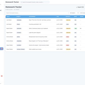 May include: A digital homework tracker interface titled Little Stars Planner featuring a table with columns for child, subject, assignment, due date, priority, completion status, and grade, with navigation sidebar options for family and academic planning.