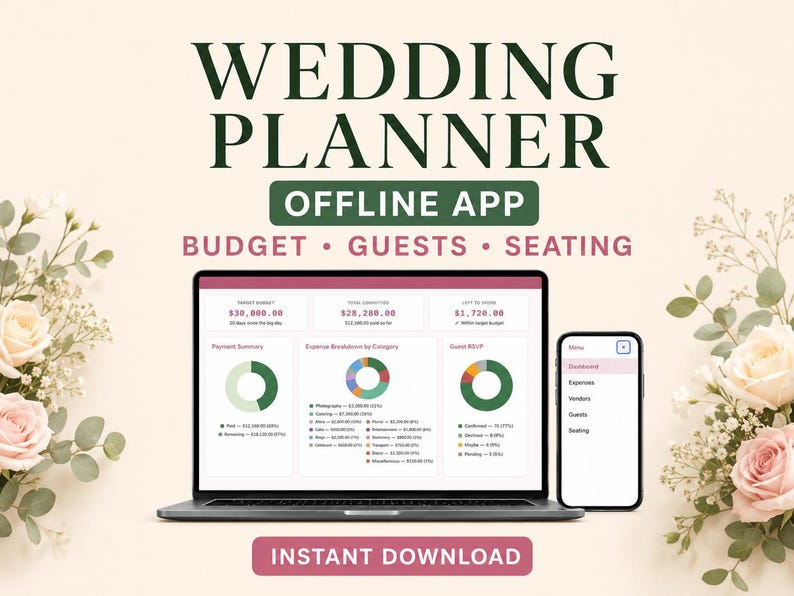 May include: A digital wedding planner offline app displayed on a laptop and smartphone screen. The interface shows budget, guest, and seating data with charts and text. The text reads WEDDING PLANNER OFFLINE APP, BUDGET, GUESTS, SEATING, and INSTANT DOWNLOAD.