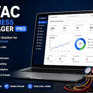 May include: A laptop displaying the HVAC Business Manager Pro dashboard with data charts, alongside a black tool bag containing colorful pressure gauges and various hand tools, set against a dark blue background with white text listing features.