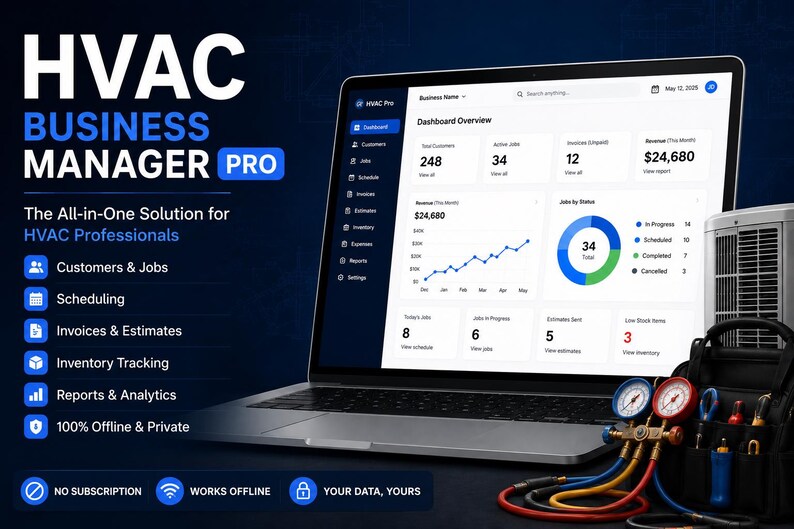 May include: A laptop displaying the HVAC Business Manager Pro dashboard with data charts, alongside a black tool bag containing colorful pressure gauges and various hand tools, set against a dark blue background with white text listing features.