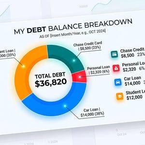 May include: A white rectangular card displaying a colorful donut chart titled MY DEBT BALANCE BREAKDOWN. The chart shows a total debt of $36,820, divided into categories: Student Loan, Chase Credit Card, Personal Loan, and Car Loan with percentages.