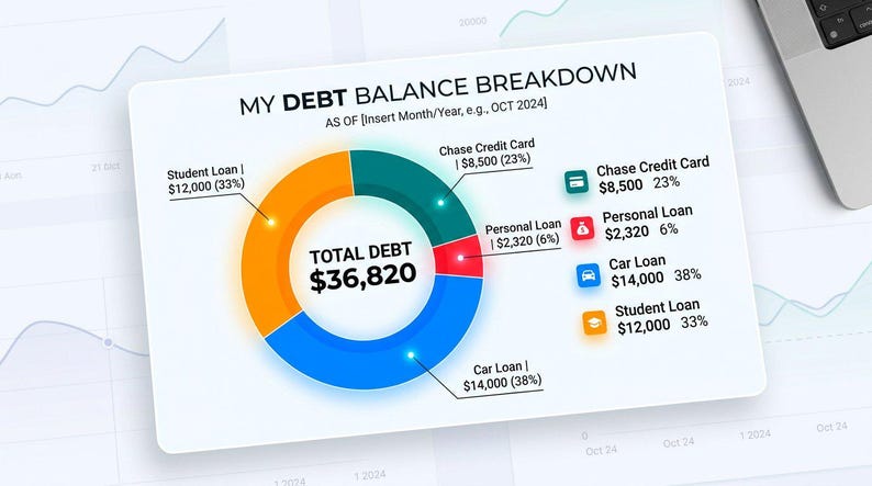 May include: A white rectangular card displaying a colorful donut chart titled MY DEBT BALANCE BREAKDOWN. The chart shows a total debt of $36,820, divided into categories: Student Loan, Chase Credit Card, Personal Loan, and Car Loan with percentages.