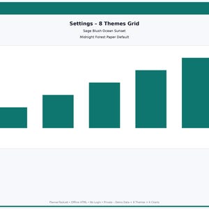 May include: A digital bar chart titled Settings - 8 Themes Grid with the text Sage Blush Ocean Sunset Midnight Forest Paper Default. The chart displays five teal vertical bars of increasing height against a white background within a teal frame.
