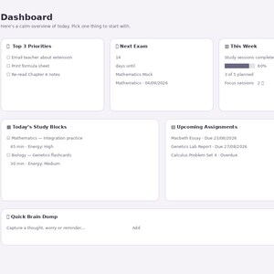 May include: A digital dashboard interface titled Focus Path Study Planner featuring a sidebar with navigation icons and a main area displaying sections for Top 3 Priorities, Next Exam, This Week progress, Today's Study Blocks, Upcoming Assignments, and a Quick Brain Dump input field.