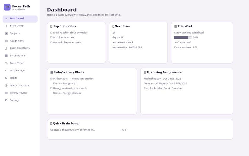 May include: A digital dashboard interface titled Focus Path Study Planner featuring a sidebar with navigation icons and a main area displaying sections for Top 3 Priorities, Next Exam, This Week progress, Today's Study Blocks, Upcoming Assignments, and a Quick Brain Dump input field.