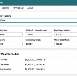 May include: A digital interface titled Digital Nomad & Expat Planner showing a Monthly Budget tab. Input fields display monthly income of 5,200.00 and various expenses including housing, utilities, transport, insurance, and other essentials.