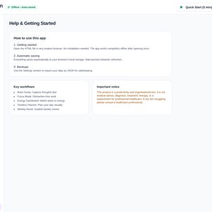 May include: A digital interface titled ADHD Second Brain featuring a sidebar menu with options like Today, Brain Dump, and Focus Mode. The main area displays a Help and Getting Started section with instructions on app usage, key workflows, and notes.