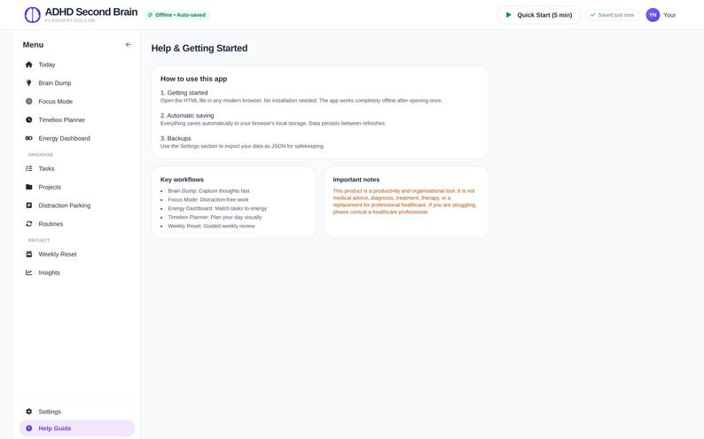 May include: A digital interface titled ADHD Second Brain featuring a sidebar menu with options like Today, Brain Dump, and Focus Mode. The main area displays a Help and Getting Started section with instructions on app usage, key workflows, and notes.