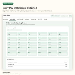 May include: A digital 30-day Ramadan spending tracker interface featuring a daily budget target field, a grid of 30 input boxes for daily suhoor and iftar expenses, and a month summary section displaying total spent, average per day, and days logged.