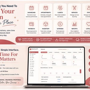 May include: A digital salon management software interface displayed on a laptop screen, featuring a dashboard with icons for appointments, clients, services, staff, payments, inventory, expenses, reports, and loyalty, with text detailing business tools.