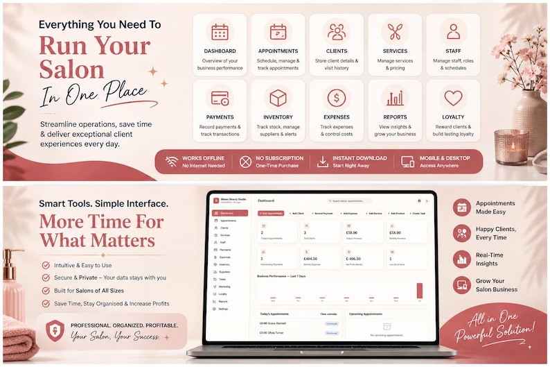 May include: A digital salon management software interface displayed on a laptop screen, featuring a dashboard with icons for appointments, clients, services, staff, payments, inventory, expenses, reports, and loyalty, with text detailing business tools.
