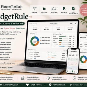 May include: A digital budget planner app interface displayed on a laptop, tablet, and smartphone. The screen shows financial dashboards with pie charts, bar graphs, and transaction lists. Text includes BudgetRule, 50/30/20 Budget Planner App, and Plan Smarter. Spend Better. Save More.