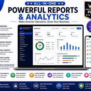 May include: A digital marketing graphic for EmployeeFlow Pro software featuring a laptop and smartphone displaying HR dashboards, analytics, and reports. The layout includes text headers, feature lists, and icons for dashboards, attendance, payroll, and exports.