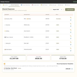 May include: A digital Couple's Budget Planner interface displaying a Shared Expenses table for August 2026. The layout includes categories like Housing, Groceries, and Utilities with amounts in GBP, plus a summary of total shared costs and individual amounts owed by Alex and Jordan.