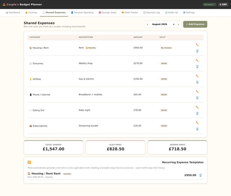 May include: A digital Couple's Budget Planner interface displaying a Shared Expenses table for August 2026. The layout includes categories like Housing, Groceries, and Utilities with amounts in GBP, plus a summary of total shared costs and individual amounts owed by Alex and Jordan.