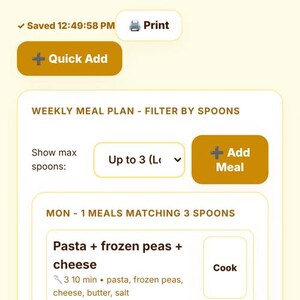 May include: A digital interface for the PlannerToolLab ADHD Kitchen Pro app, featuring a yellow and white color scheme. The screen displays a weekly meal plan organized by spoon levels, including sections for pantry, grocery lists, and meal preparation.