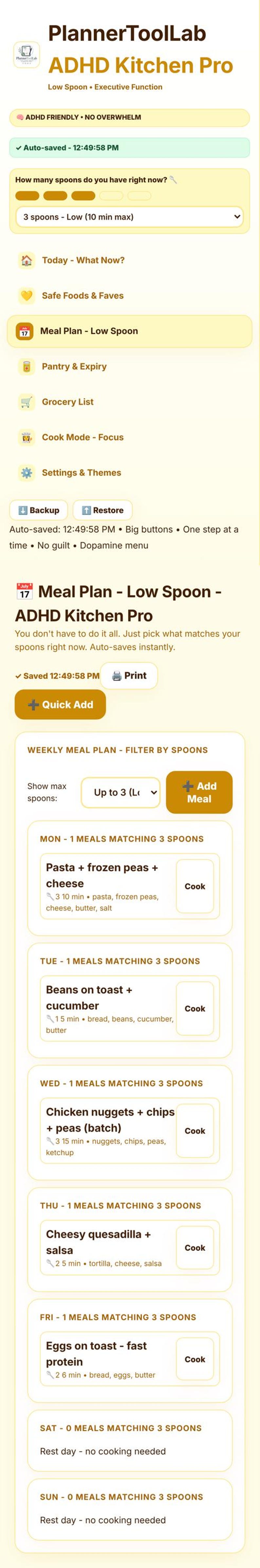 May include: A digital interface for the PlannerToolLab ADHD Kitchen Pro app, featuring a yellow and white color scheme. The screen displays a weekly meal plan organized by spoon levels, including sections for pantry, grocery lists, and meal preparation.