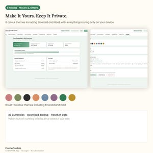 May include: A digital budget planner interface displaying a Ramadan and Eid overview with financial data, spending breakdowns, and key dates. It features 8 color themes, including emerald and gold, with options for 20 currencies, data backups, and resets.
