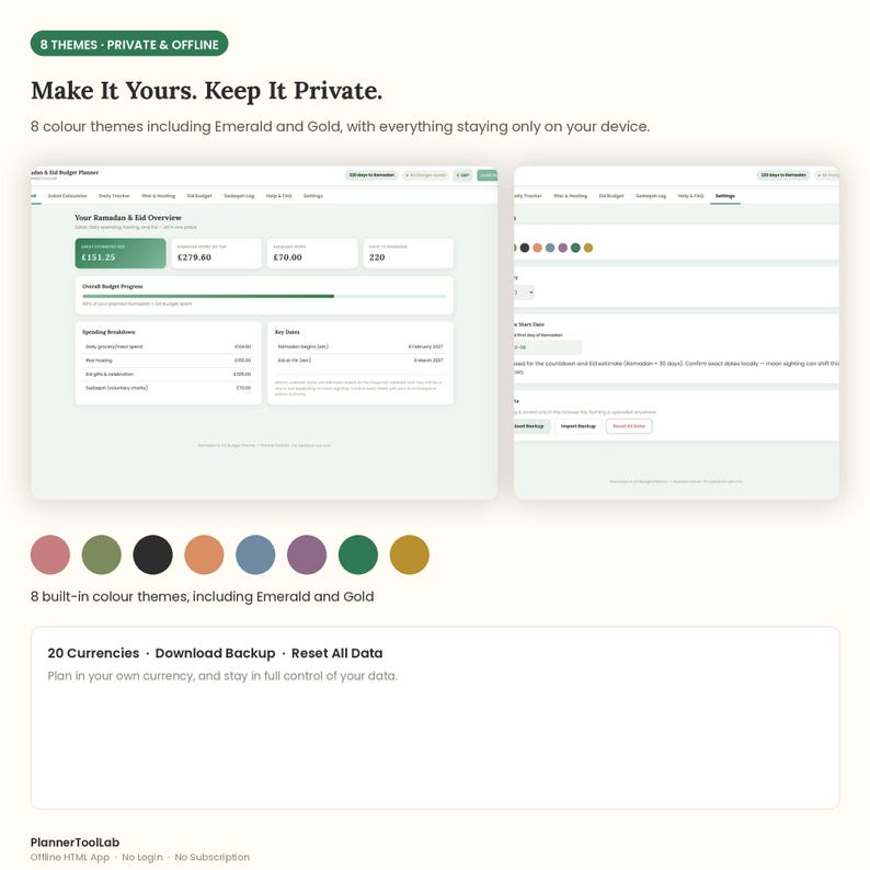 May include: A digital budget planner interface displaying a Ramadan and Eid overview with financial data, spending breakdowns, and key dates. It features 8 color themes, including emerald and gold, with options for 20 currencies, data backups, and resets.