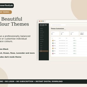 May include: A digital interface display titled PlannerToolLab featuring 12 Beautiful Colour Themes. The screen shows a Petcare Pro dashboard with a Theme Customizer, listing options like Golden Black, Forest, Ocean, Rose, and Lavender. Includes text: OFFLINE, NO LOGIN, NO SUBSCRIPTION, INSTANT DIGITAL DOWNLOAD.