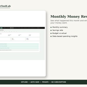 May include: A digital interface titled Monthly Money Review by PlannerToolLab. The dashboard displays financial data including monthly summary, savings rate, budget vs actual, and spending insights. The bottom bar features text: OFFLINE, AUTO SAVE, PRIVATE, NO SUBSCRIPTION.