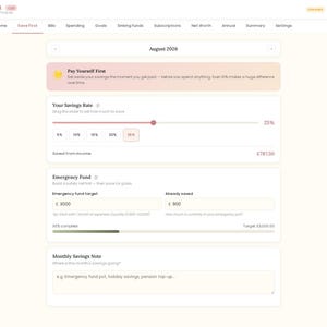 May include: A digital budget tracker interface titled Pay Yourself First for August 2026. It features a savings rate slider set to 25%, an emergency fund section with a &pound;3000 target and &pound;900 saved, and a text box for monthly savings notes.