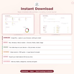 May include: A digital product advertisement with the text "Instant Download." The image shows two computer screens displaying habit tracking dashboards. Additional text highlights features like single-file downloads, device compatibility, and data privacy. The bottom text reads "Download. Open. Start tracking in minutes."