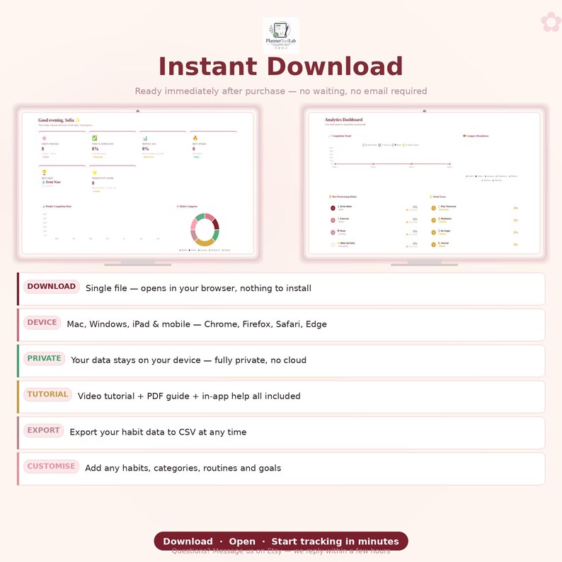 May include: A digital product advertisement with the text "Instant Download." The image shows two computer screens displaying habit tracking dashboards. Additional text highlights features like single-file downloads, device compatibility, and data privacy. The bottom text reads "Download. Open. Start tracking in minutes."