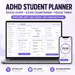 ADHD Student Planner App | Brain Dump, Exam Countdown & Focus Timer | Offline HTML