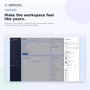 May include: A digital interface for JobFlow Pro showing a Theme Studio settings menu. The screen displays options to customize workspace colors, accents, sidebars, card styles, and chart palettes with a dark sidebar and light main panel.