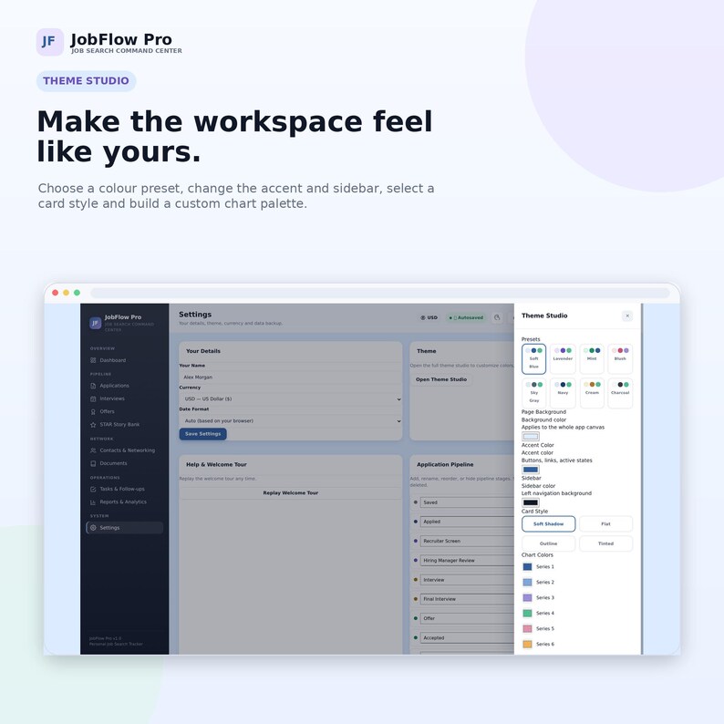 May include: A digital interface for JobFlow Pro showing a Theme Studio settings menu. The screen displays options to customize workspace colors, accents, sidebars, card styles, and chart palettes with a dark sidebar and light main panel.