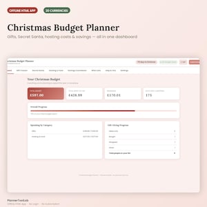 May include: A digital Christmas Budget Planner dashboard interface featuring sections for total budget, spending by category, and gift-giving progress. The layout includes text labels like 'Your Christmas Budget', 'Overall Progress', and 'Spending by Category' with numerical data in pounds sterling.