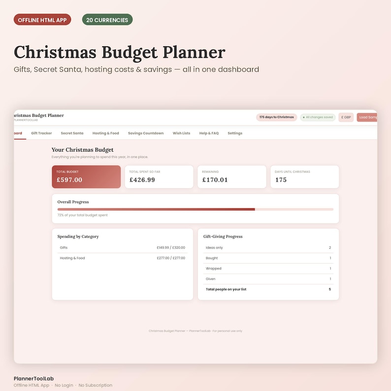 May include: A digital Christmas Budget Planner dashboard interface featuring sections for total budget, spending by category, and gift-giving progress. The layout includes text labels like 'Your Christmas Budget', 'Overall Progress', and 'Spending by Category' with numerical data in pounds sterling.