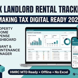 May include: A digital UK landlord rental tracker software interface displayed on a laptop and smartphone. The screen shows a property dashboard with income, expense, and tenant status charts. Text includes UK LANDLORD RENTAL TRACKER, MAKING TAX DIGITAL READY 2026, PROPERTY INCOME EXPENSE DASHBOARD, TENANT & MAINTENANCE MANAGER, HMRC MTD Ready, Offline, No Excel.