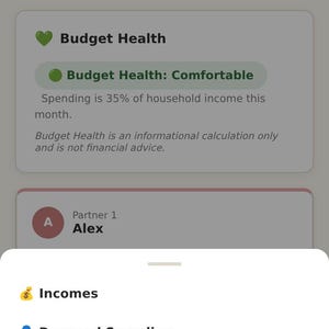 May include: A digital interface for a Couple's Budget Planner showing a Monthly Overview for August 2026. It displays Budget Health as Comfortable at 35% of income. A menu lists Incomes, Personal Spending, Debt Tracker, Payment Log, Settle Up, and Settings.