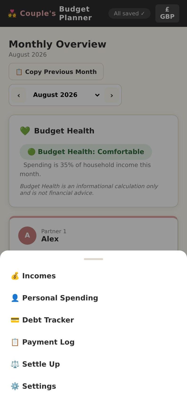 May include: A digital interface for a Couple's Budget Planner showing a Monthly Overview for August 2026. It displays Budget Health as Comfortable at 35% of income. A menu lists Incomes, Personal Spending, Debt Tracker, Payment Log, Settle Up, and Settings.