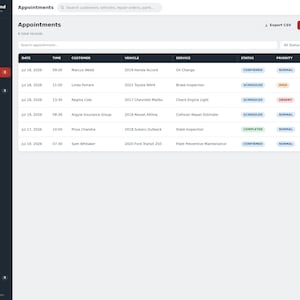 May include: A digital dashboard interface titled Garage Command displaying an Appointments table with columns for date, time, customer, vehicle, service, status, and priority. The sidebar lists navigation options including dashboard, customers, vehicles, and repair orders.