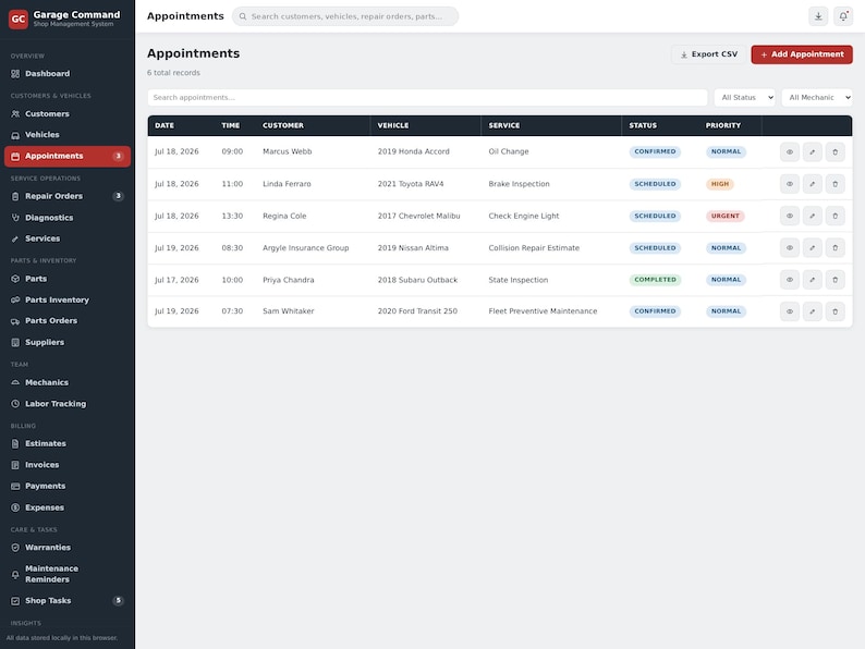 May include: A digital dashboard interface titled Garage Command displaying an Appointments table with columns for date, time, customer, vehicle, service, status, and priority. The sidebar lists navigation options including dashboard, customers, vehicles, and repair orders.