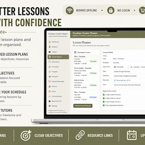 May include: A digital Freelance Teacher Planner interface displayed on a laptop screen. The software features a sidebar menu for dashboard, students, classes, lesson planner, attendance, homework, progress, payments, finance, notes, and settings.