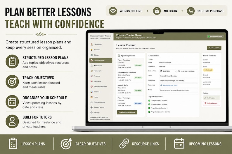 May include: A digital Freelance Teacher Planner interface displayed on a laptop screen. The software features a sidebar menu for dashboard, students, classes, lesson planner, attendance, homework, progress, payments, finance, notes, and settings.
