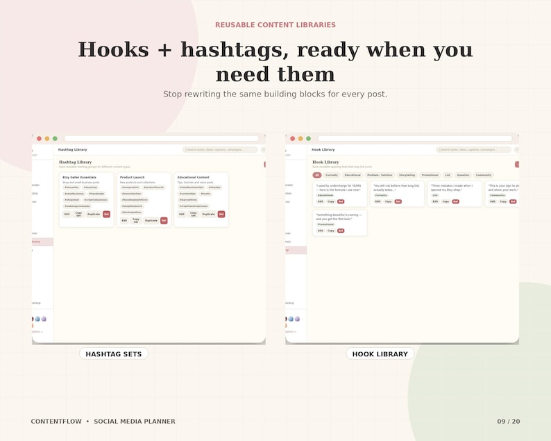 May include: A digital interface display titled Reusable Content Libraries featuring two side-by-side windows labeled Hashtag Library and Hook Library. The layout includes text blocks, categorized lists, and buttons for editing and copying content.