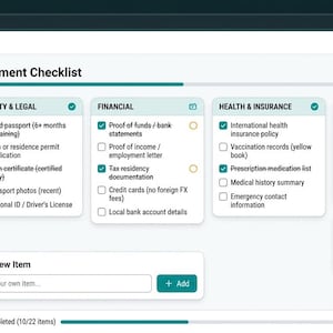 May include: A digital document checklist interface titled Voyage Nomad Planner. The dashboard displays categories including Identity & Legal, Financial, Health & Insurance, Housing & Logistics, and Other, with various checkboxes indicating completion status.