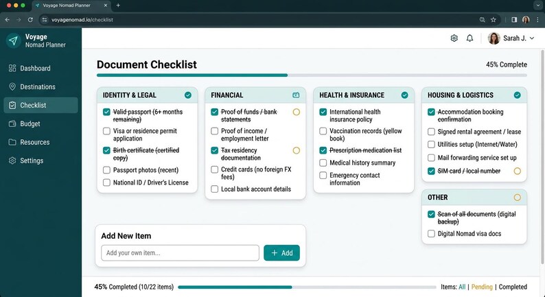 May include: A digital document checklist interface titled Voyage Nomad Planner. The dashboard displays categories including Identity & Legal, Financial, Health & Insurance, Housing & Logistics, and Other, with various checkboxes indicating completion status.