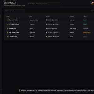 May include: A dark-themed digital dashboard titled Buyer CRM, featuring a sidebar navigation menu and a main table displaying client names, areas, budgets, sources, and statuses. A notification at the bottom indicates the system is running in memory mode.