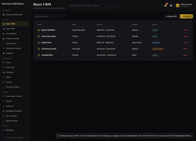 May include: A dark-themed digital dashboard titled Buyer CRM, featuring a sidebar navigation menu and a main table displaying client names, areas, budgets, sources, and statuses. A notification at the bottom indicates the system is running in memory mode.
