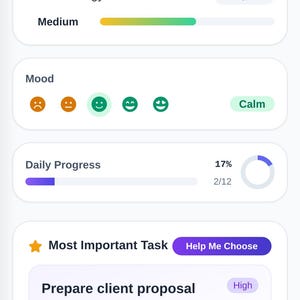 May include: A digital interface for the ADHD Second Brain planner app displaying a dashboard with current energy, mood, daily progress at 17%, and a most important task section titled Prepare client proposal outline due February 11.